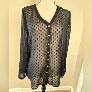 Covington sheer black polka dot button up top SZ M